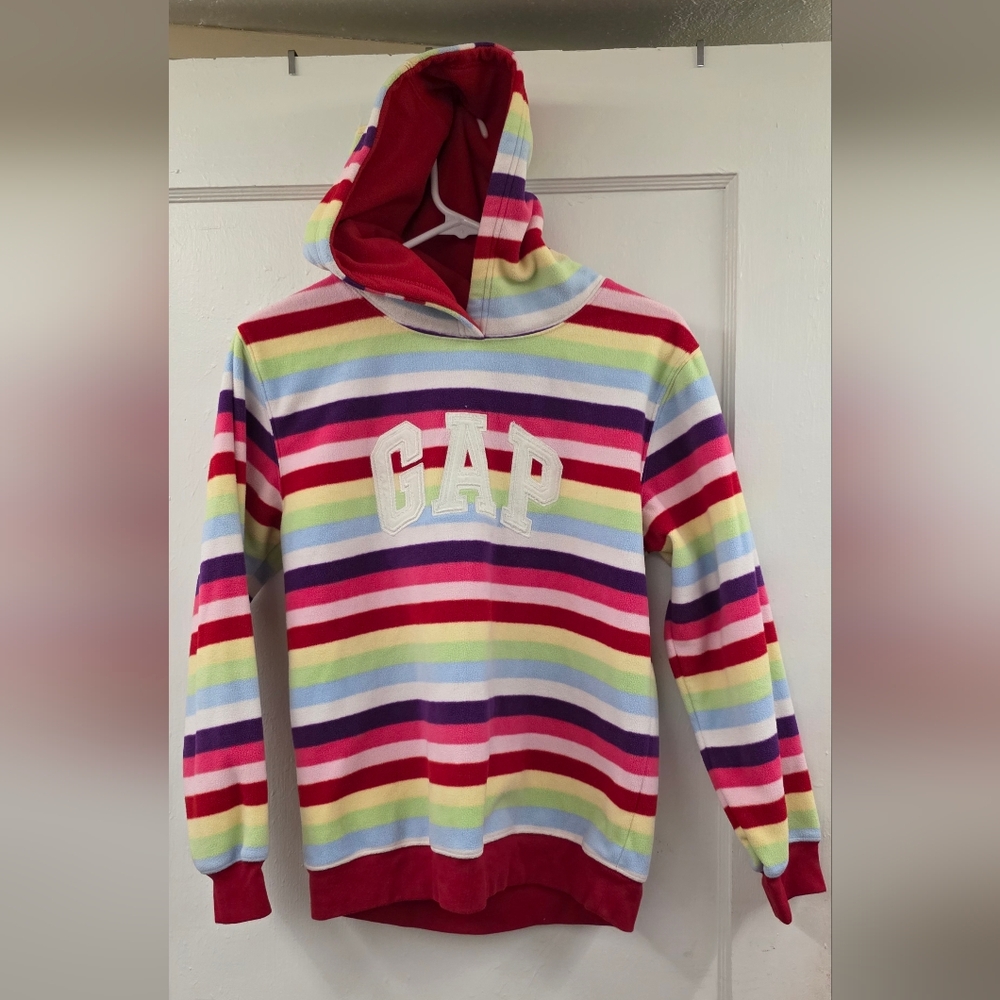 Gap Kids Rainbow Stripe Hoodie Fleece Logo Pullover Size XXL 14-16